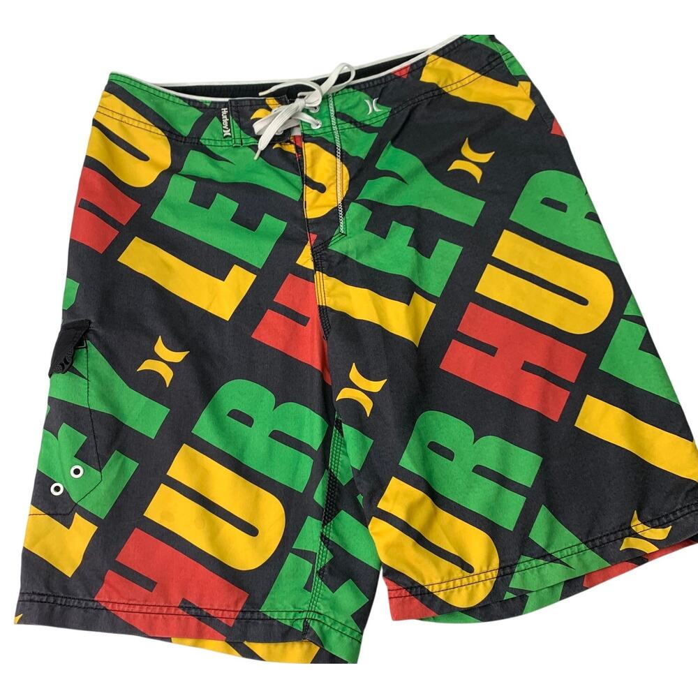 Hurley Mens Size Medium Red Green Yellow Black Marley Reggae Board Shorts Swim